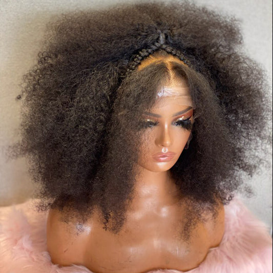 Custom Wig 18 Inches Afro Style with Braids 13x5 Lace Frontal Wig with Ponytail 250% Density